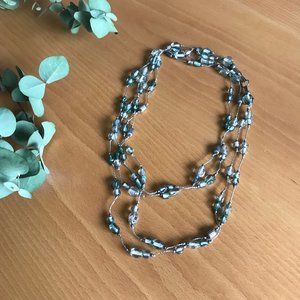 VINTAGE Long Glass Beaded Necklace Blue Silver GUC